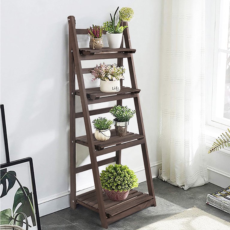 4 Tier Foldable Ladder Shelf Rustic Wood Plant Stand Flower Pot