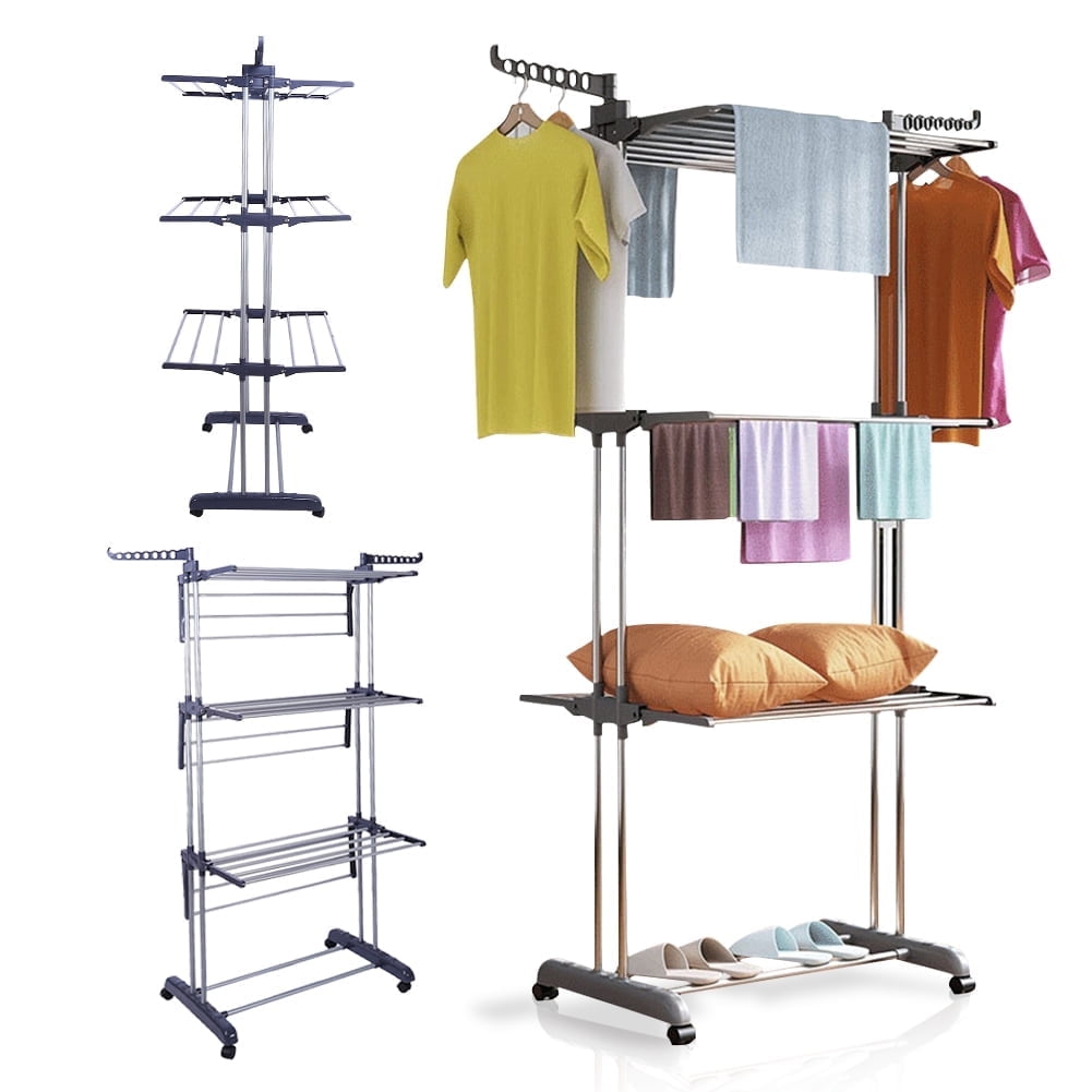 4-Tier Clothes Drying Rack w/ Casters,  Clothes Dryer Hanger Stainless Steel Garment Laundry Racks Movable with Foldable  Indoor Outdoor Bedroom Balcony