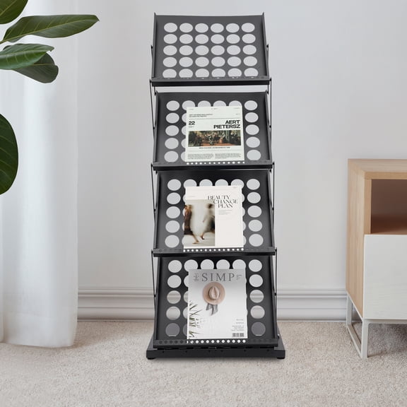 4-Tier Foldable Magazine Stand Iron Magazine Display Rack Book Display Shelf for Libraries, Exhibitions