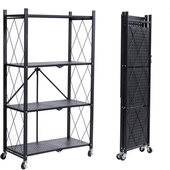 4-Tier Foldable Metal Shelf with Wheels, Heavy Duty Movable Wire Rack for Garage, Kitchen, Basement, Pantry Storage, 28''L x 13.4''W x 49.2''H-Black