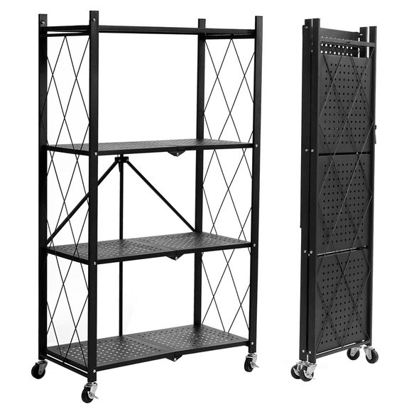 4-Tier Foldable Metal Shelf with Wheels, Heavy Duty Movable Wire Rack for Garage, Kitchen, Basement, Pantry Storage, 28''L x 13.4''W x 49.2''H-Black