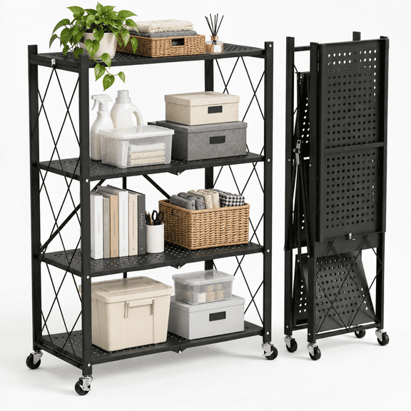 4-Tier Foldable Metal Storage Shelves, No-Assembly Folding Frame and Rolling Storage Rack for Kitchen, Pantry, Garage and Basement, Black