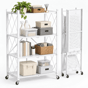 4-Tier Foldable Metal Storage Shelves, No-Assembly Folding Frame and Rolling Storage Rack for Kitchen, Pantry, Garage and Basement, White