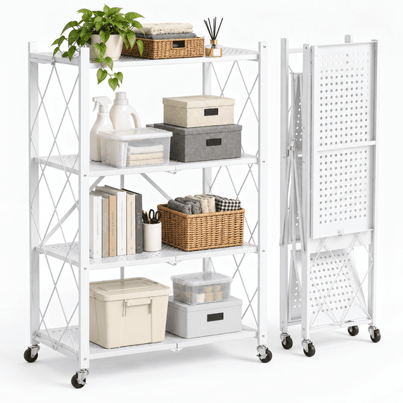 4-Tier Foldable Metal Storage Shelves, No-Assembly Folding Frame and Rolling Storage Rack for Kitchen, Pantry, Garage and Basement, White