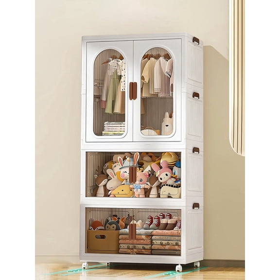 4-Tier Foldable Plastic Clothes Storage Cabinet, Stackable Magnetic Door Wardrobe Organizer with Rolling Wheels for Bedroom Closet