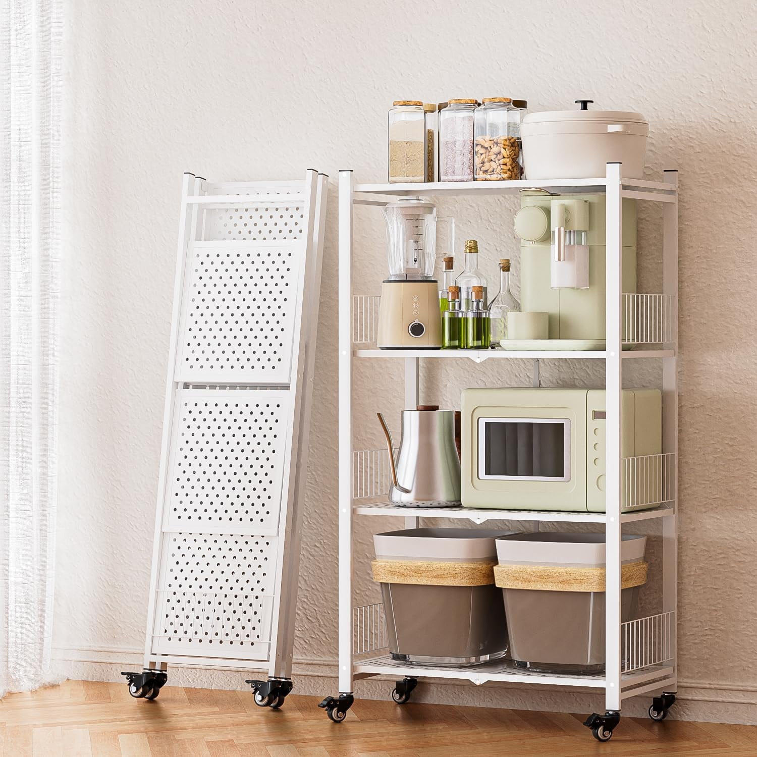 4-Tier Foldable Shelf Shelving Rack Organizer Rolling Wheels in Kitchen ...