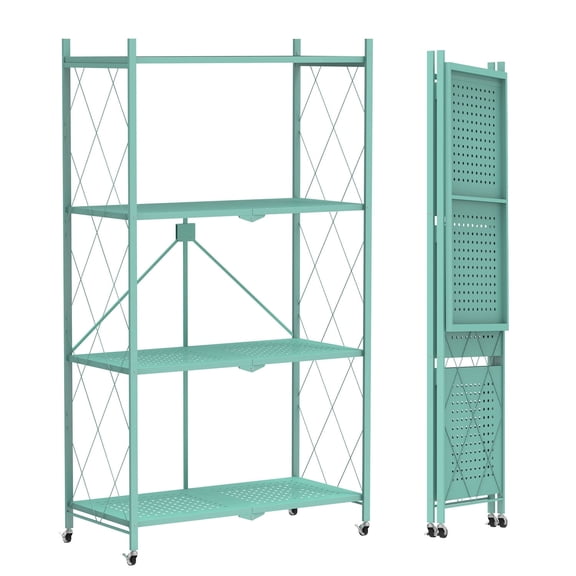 4 Tier Foldable Shelf with Wheels, Portable Carbon Steel No Assembly Organizer, Collapsible Rolling Standing Utility Storage Rack for Kitchen Pantry Office, Green