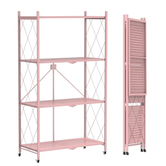 4 Tier Foldable Shelf with Wheels, Portable Carbon Steel No Assembly Organizer, Collapsible Rolling Standing Utility Storage Rack for Kitchen Pantry Office, Pink