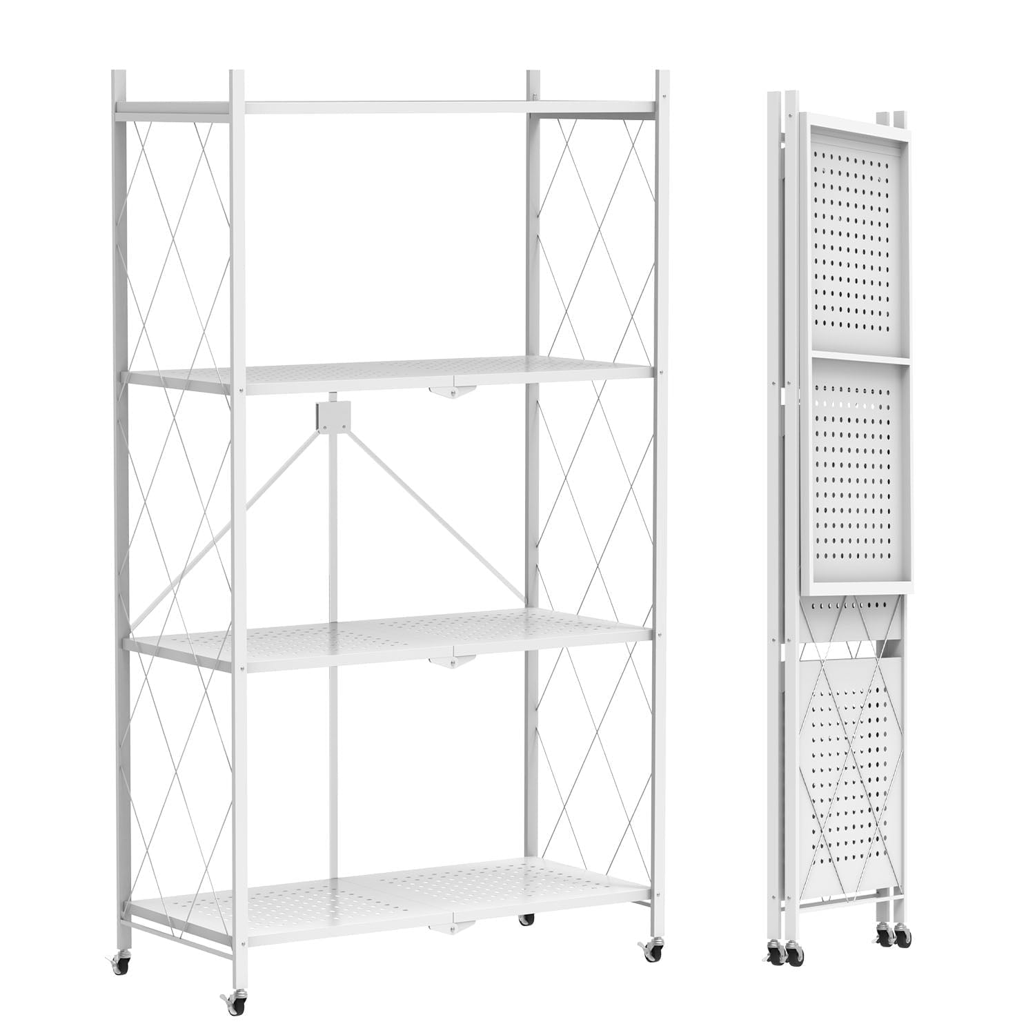 4 Tier Foldable Shelf with Wheels, Portable Carbon Steel No Assembly Organizer, Collapsible Rolling Standing Utility Storage Rack for Kitchen Pantry Office,White