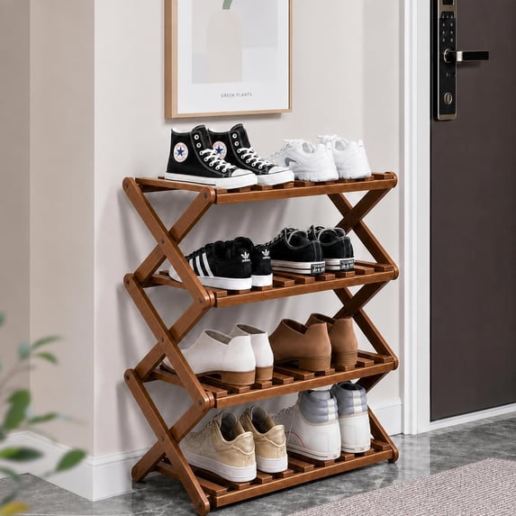 HDUTNGISN 4 Tier Foldable Bamboo Shoe Rack,Tool Free Setup Shoe Organizer, 20x10x22in Entryway Storage,Tawney