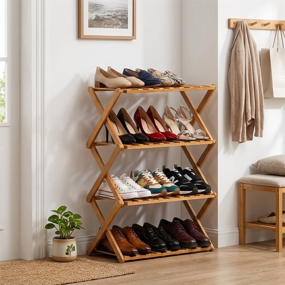 HDUTNGISN 4 Tier Foldable Bamboo Shoe Rack,Tool Free Setup Shoe Organizer, 20x10x22in Entryway Storage,Tawney