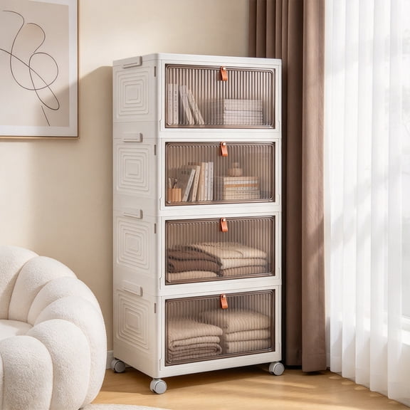 4 Tier Foldable Stackable Storage Cabinet with Wheels, Collapsible Plastic Storage Organizer, Front & Top Open Magnetic Door Storage Bins for Bedroom Living Room Kitchen