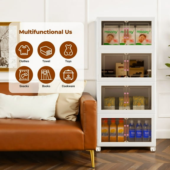 4-Tier Foldable Storage Cabinet Heavy-Duty PP Plastic Collapsible Organizer for Closet, Bedroom, Garage & Dorm, No Tools Needed, Easy to Store