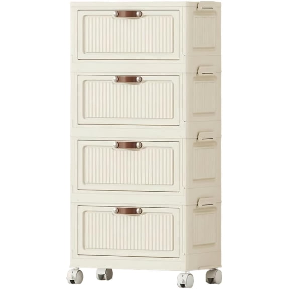 4 Tier Foldable Storage Cabinet with Lids, 24QT Stackable Closet Organizers and Storage with Wheels,Stackable, Magnetic Doors, for Living Room,Office,Dorm (White)