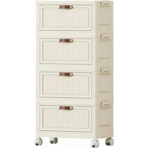 4-Tier Foldable Storage Cabinet with Doors, Collapsible Organizer with Magnetic Flip Lids, 24QT Wheels Storage Bin for Living Room, Kitchen, Bathroom