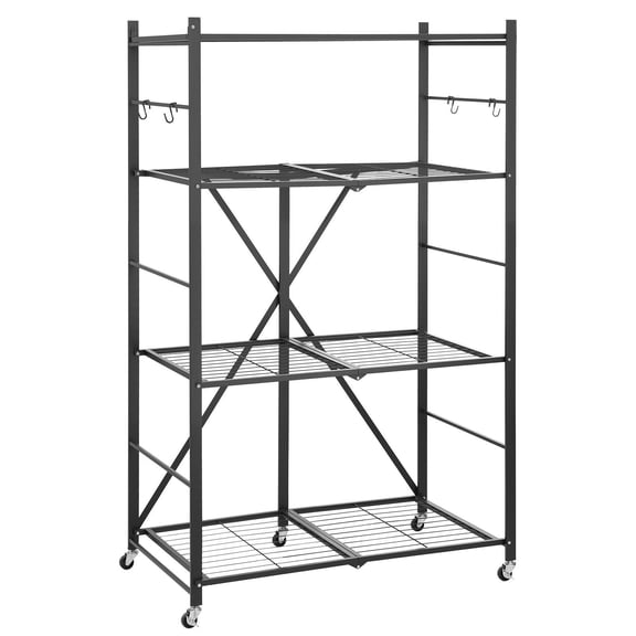 4 Tier Foldable Storage Shelf 36W x 21D x 60H Inch Metal Rack Shelving Unit with 5 Wheels 4 Hooks for Pantry Kitchen Garage Basement Black