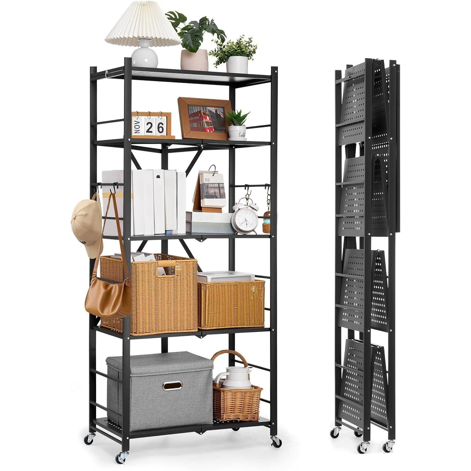 4-Tier Foldable Storage Shelf, 26W x 13D x 46H Inch Folding Metal Rack ...