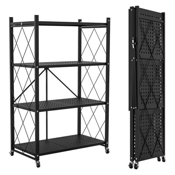 4-Tier Foldable Storage Shelf with Wheels - Metal Collapsible Shelving Unit Display, Rolling Cart for Books Kitchen Storage Shelves, Pantry & Closet Organizer, Office Room Decor - BLACK