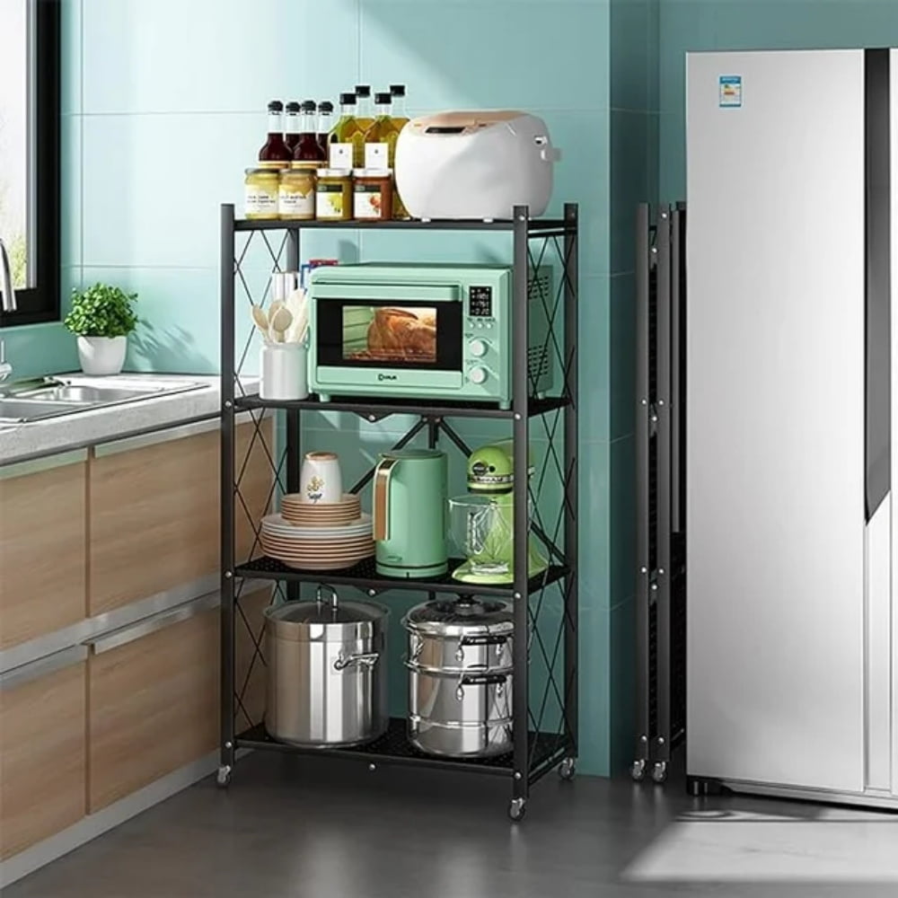 4Tier Foldable Storage Shelf with Wheels, Storage Racks on Wheels