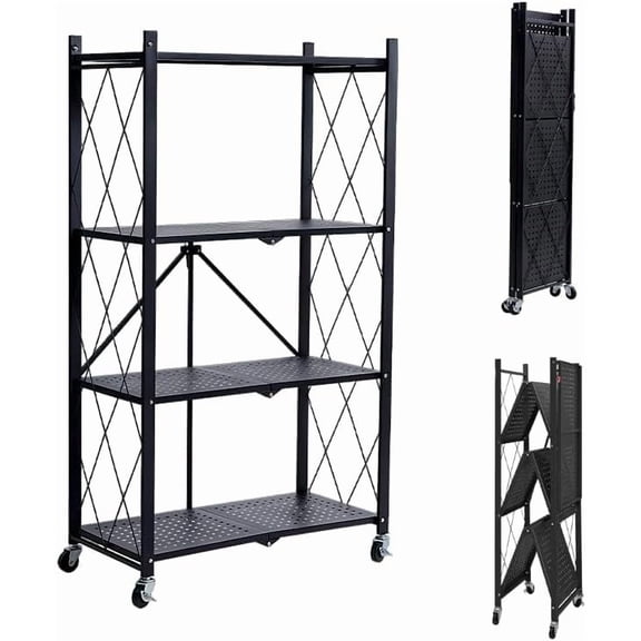 4 Tier Foldable Storage Shelves with Locking Wheels, Assembled Rolling Shelving for Kitchen, Pantry, Closet & Laundry Room, Space-Saving Organizer, 28.5" L x 14.2" W x 46.1" H