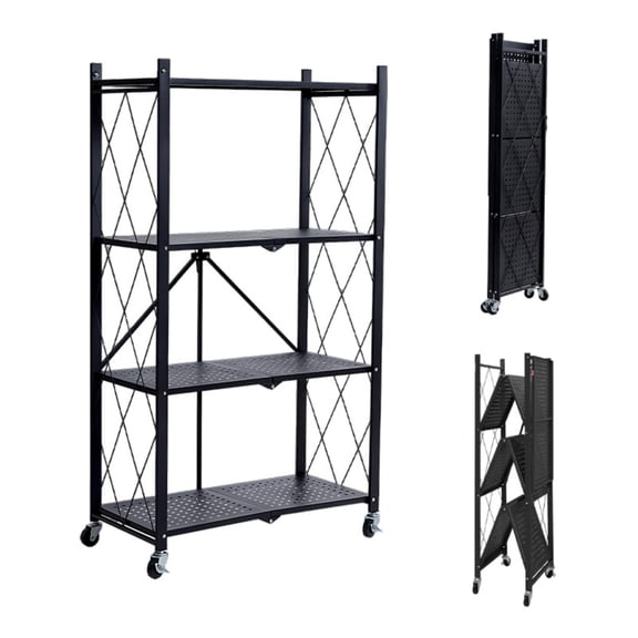 4 Tier Foldable Storage Shelves with Wheels, No Assembly Organizer Rack for Garage Kitchen, Basement, Pantry,Perfect for Craft Shows & Vendor Events(Black)