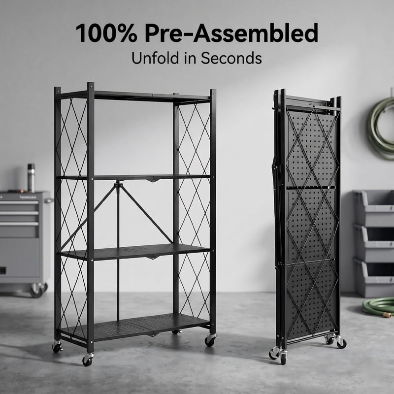 4-Tier Foldable Storage Shelves with Wheels, Heavy Duty Metal Rolling Cart Shelf, No Assembly Collapsible Shelving Unit for Kitchen, Garage, Laundry Room, Black