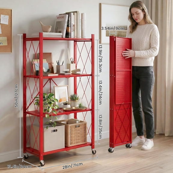 4 Tier Foldable Storage Shelves with Wheels, Large Capacity Shelving Unit, Freestanding Metal Wire Shelf Rack, No Assembly Organizer Rack for Garage Kitchen, Basement(Red)