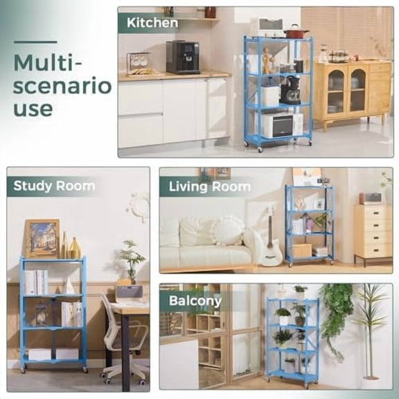 4 Tier Foldable Storage Shelves with Wheels, Large Capacity Shelving Unit, Freestanding Metal Wire Shelf Rack, No Assembly Organizer Rack for Garage Kitchen, Basement(Blue)