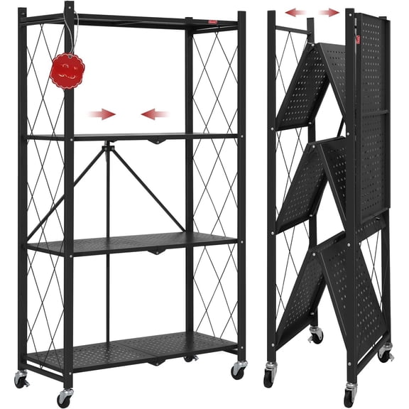4 Tier Foldable Storage Shelves with Wheels, Large Capacity Shelving Unit, Freestanding  Wire Shelf Rack, No Assembly Organizer Rack for Garage Kitchen, Basement, Pantry(Black)