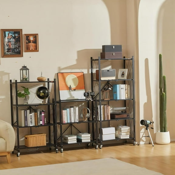 4 Tier Foldable Storage Shelves with Wheels, No Assembly Organizer Rack for Garage Kitchen, Basement, Pantry,Perfect for  Shows & Vendor Events(Black)