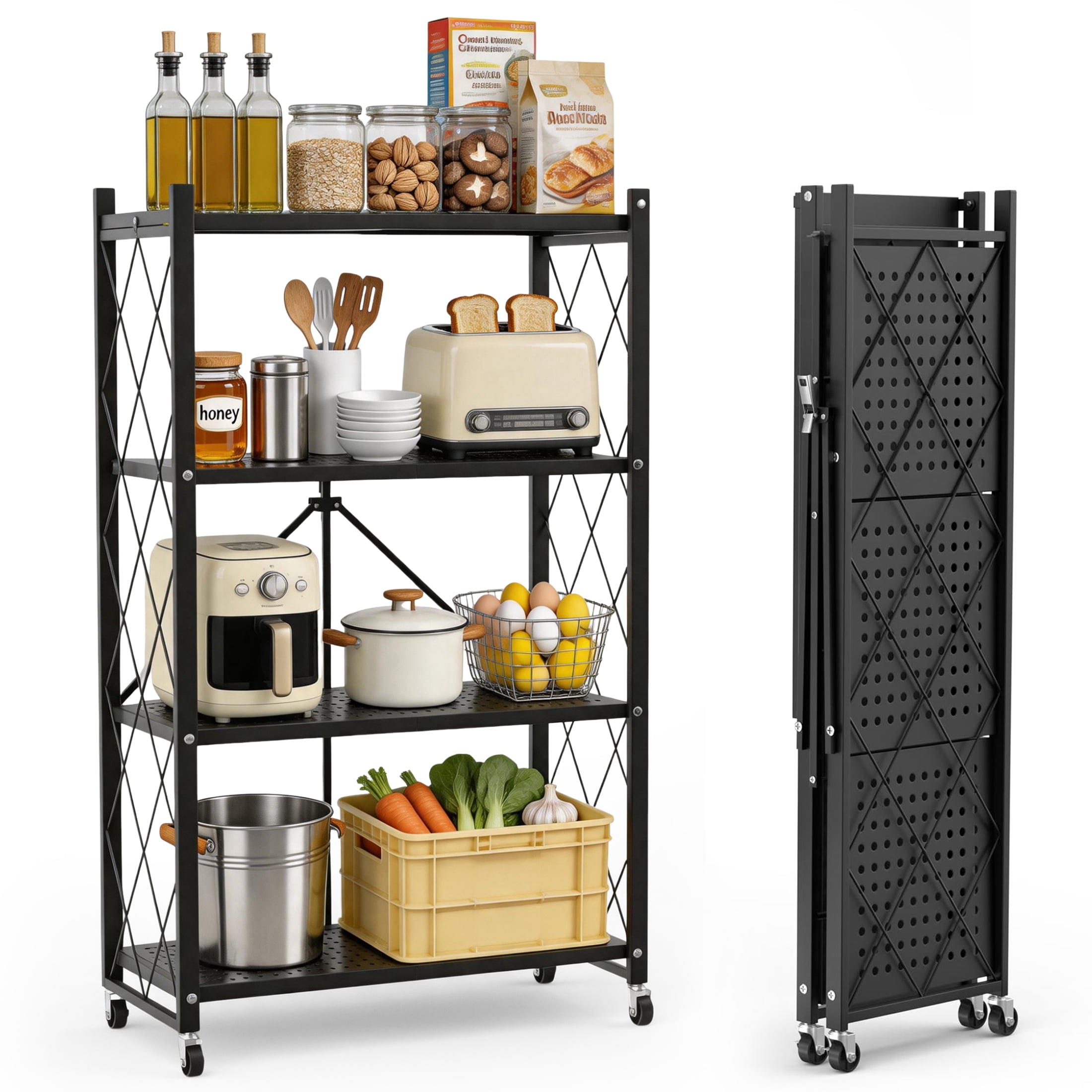 GARITIN Storage Shelves, 4 Tier Foldable Rolling Storage Rack with Wheels, No Assembly Metal Organizer Shelf for Garage, Kitchen, Basement, Pantry, Black