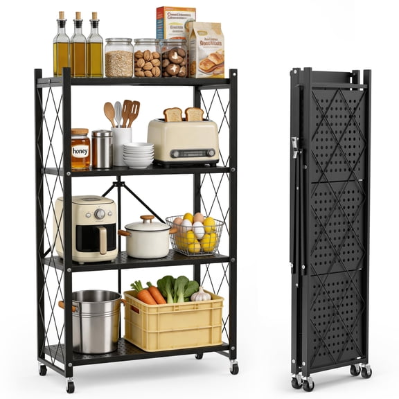 GARITIN Storage Shelves, 4 Tier Foldable Rolling Storage Rack with Wheels, No Assembly Metal Organizer Shelf for Garage, Kitchen, Basement, Pantry, Black