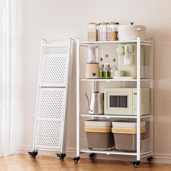 4-Tier Folding Shelves with Wheels, 1100LBS Heavy Duty Metal Foldable Shelving Unit, No Assembly Collapsible Storage Rack Organizer for Garage, Kitchen, Pantry, Basement, Gym - White
