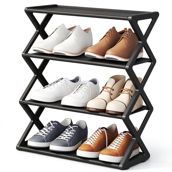 4 Tier Folding Shoe Rack, X-Frame Small Shoe Storage Organizer for Entryway Bedroom Dorm, No Assembly, Black