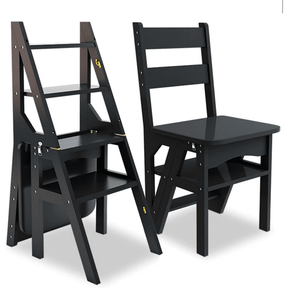 4 Tier Folding Step Ladder, 3-in-1 Wooden Folding Ladder Chair, Portable Multi-Function Step Stool, 198 lbs Capacity Indoor and Outdoor Display Rack Flower Rack,for Library,Home,Kitchen