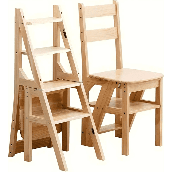 4 Tier Folding Step Ladder, 3-in-1 Wooden Folding Ladder Chair, Portable Multi-Function Step Stool, 198 lbs Capacity Indoor and Outdoor Display Rack Flower Rack,for Library,Home,Kitchen