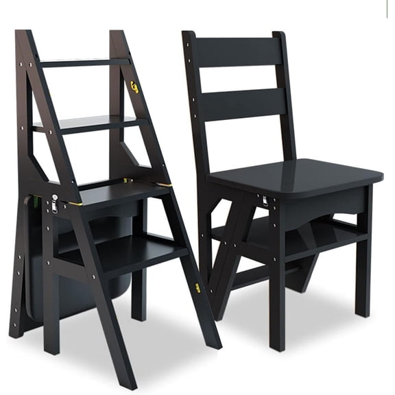 4 Tier Folding Step Ladder, 3-in-1 Wooden Folding Ladder Chair, Portable Multi-Function Step Stool, 265 lbs Capacity Indoor and Outdoor Display Rack Flower Rack,for Library,Home,Kitchen (Black)