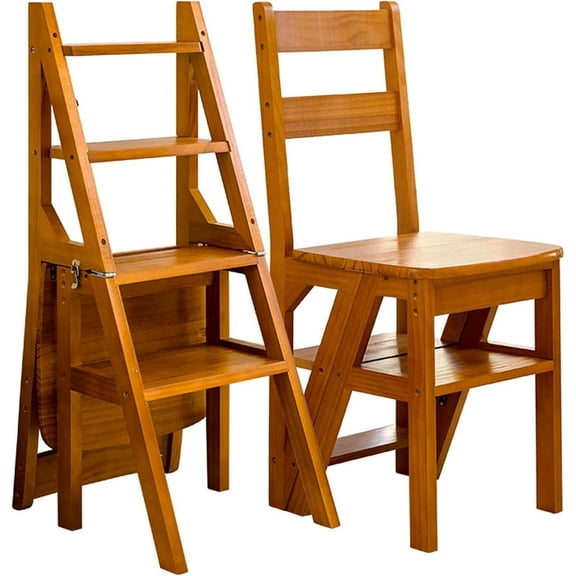 4 Tier Folding Step Ladder, 3-in-1 Wooden Folding Ladder Chair, Portable Multi-Function StepStool, 198 lbs Capacity Indoor and Outdoor Display Rack Flower Rack,for Library,Home,Kitchen (Light Walnut)