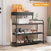 4-Tier Free Standing Shoe Rack, 24.8 inches Shoe Shelf, Entryway Shoe Organizer Storage Cabinet, with 3 Fabric Shelves and Storage Top for Bags or Shoes, Black