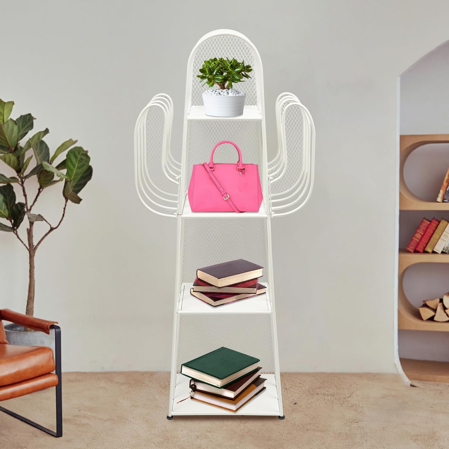 Curated visual reference: Small Space Display Storage Reference: 4 Tier Freestanding Bookshelf Cactus Corner Bookcase Storage Organizer With
