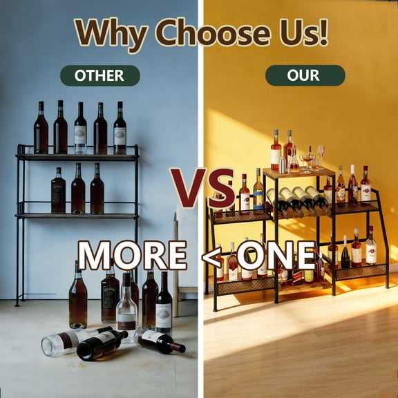 4-Tier Freestanding Iron and Wood Bar Cabinet - Stepped Wine Rack with Protective Rail - Large Capacity Storage Shelf for Bottles and Beverages - Home Bar Organizer, Brown