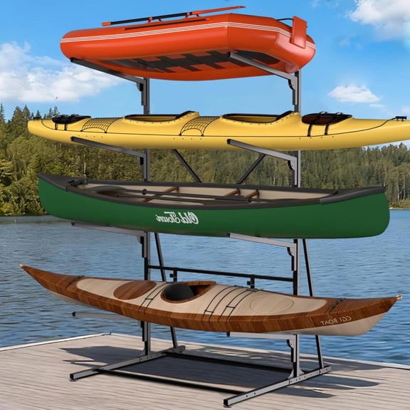 4 Tier Freestanding Kayak Rack - Adjustable Heavy Duty Metal Storage Stand for Kayaks Canoes Paddle Boards Surfboards and Skis