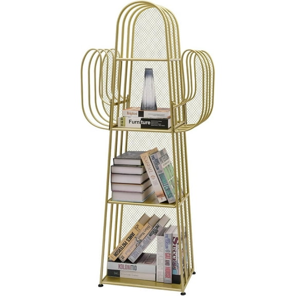 4-Tier Freestanding Ladder Bookshelf, Iron Cactus Bookcase Storage Organizer, Gold Ladder Corner Bookcase for Living Room, Bedroom (Gold)