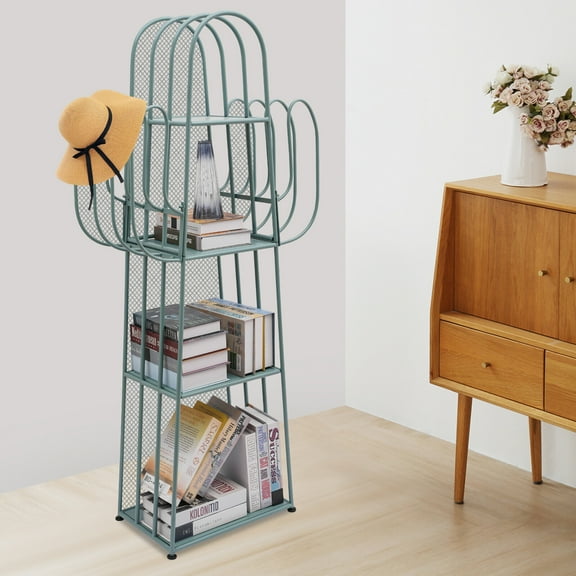 Modern Cactus Bookshelf, 4-tier Green Iron Structure, 55lbs Sturdy Load Capacity, Artistic Display Shelf for Living Room Balcony