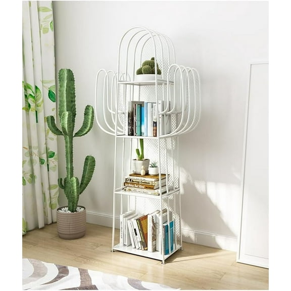 4-Tier Freestanding Ladder Bookshelf, Iron Cactus Bookcase Storage Organizer, Ladder Corner Bookcase for Living Room, Bedroom (White)