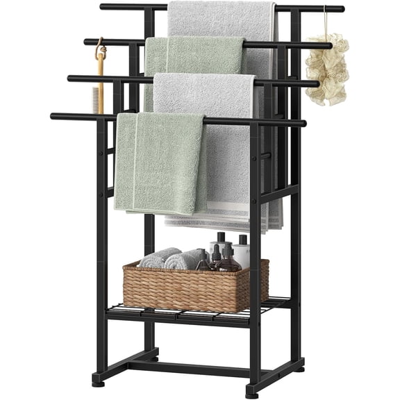 4-Tier Freestanding Towel Rack, 28.3" L x 15.7" W x 41.3" H, Pool Towel Rack Outdoor, Metal Bathroom Storage Organizer with Bottom Shelf, Standing Blanket Rack, Industrial Style, Black BK16LB01