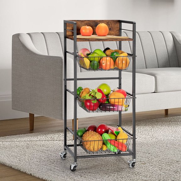 4-Tier Fruit Basket Kitchen Rolling Storage Cart Rustic Brown with Pull-Out Baskets, Wooden Top, on Wheels