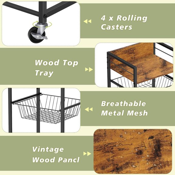 4-Tier Fruit Basket for Kitchen Rolling Storage Cart on Wheels with Pull-Out Baskets and Wooden Top for Living Room,Bathroom,Pantry,Corner,Rustic Brown$$Home Decor, Kitchen, & Other