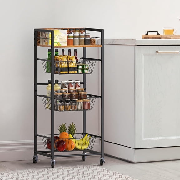 4-Tier Fruit Basket for Kitchen Rolling Storage Cart on Wheels with Pull-Out Baskets and Wooden Top for Living Room,Bathroom,Pantry,Corner,Rustic Brown