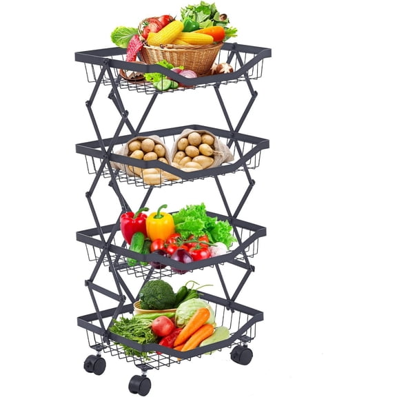 4 Tier Fruit Basket for Kitchen Stackable Metal Wire Fruit Vegetable Basket with Wheels Narrow Corner Rolling Utility Cart for Kitchen, Pantry, Bathrooms, Garage